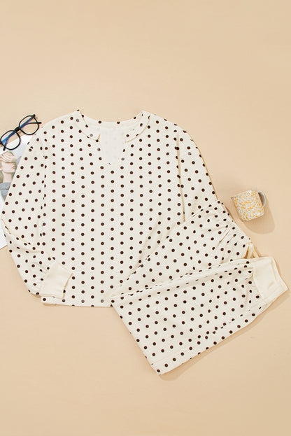 White Polka Dot Print Notched Neck Long Sleeve Top Drawstring Jogger Pants Waffle Knit Lounge Set