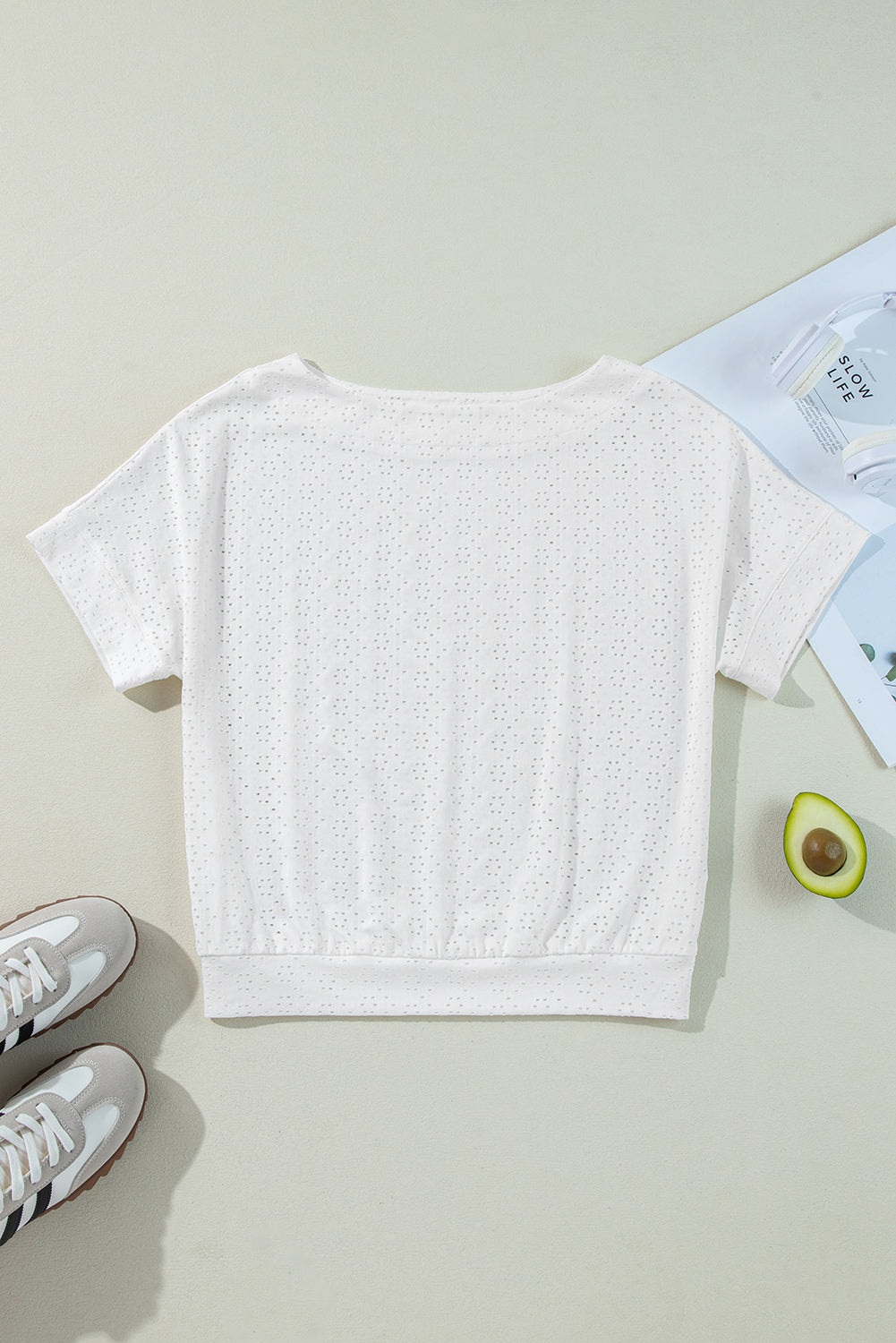 White Eyelet Pattern Boat Neck Casual Tee