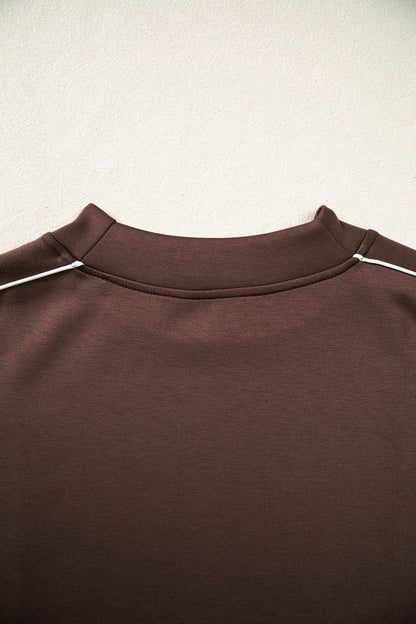 Coffee Sporty Piping Trim Mock Neck Pullover Relaxed 2pcs Pant Set