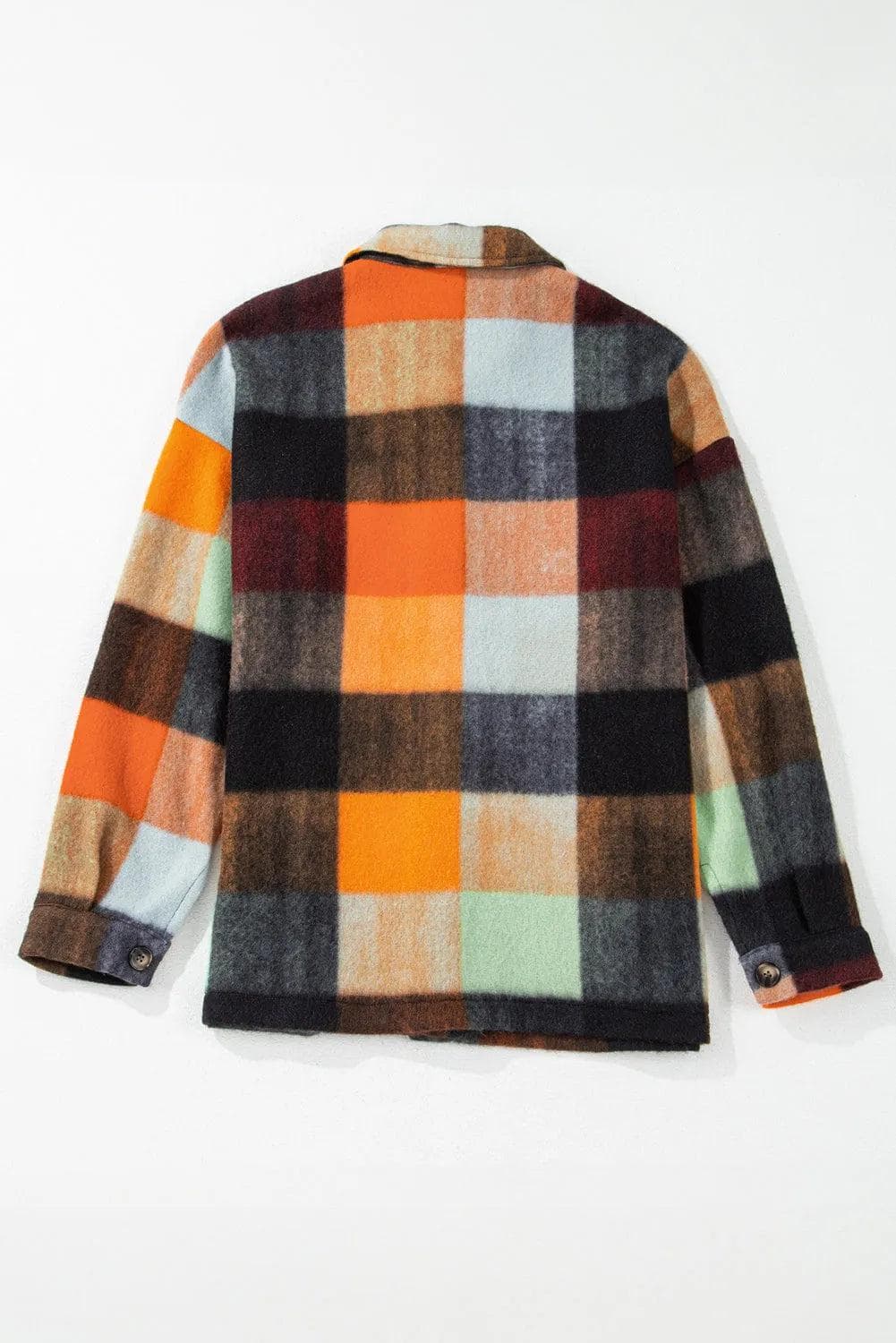 Outerwear/Jackets Orange Plaid Print Flap Pocket Long Jacket