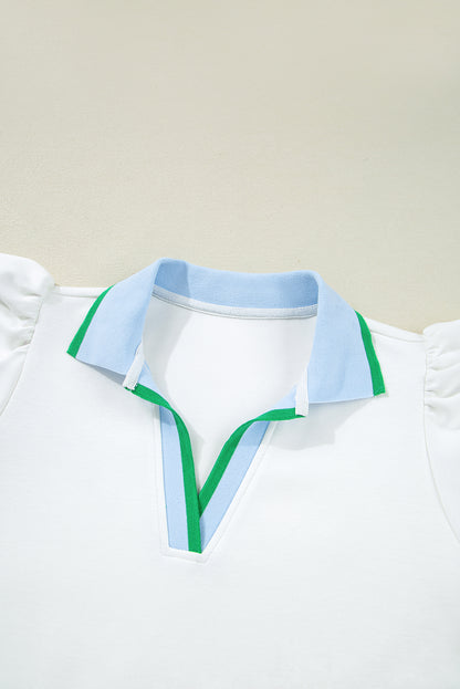 White Colorblock Edge Cap Sleeve Collared Top 2 Piece Skirt Set