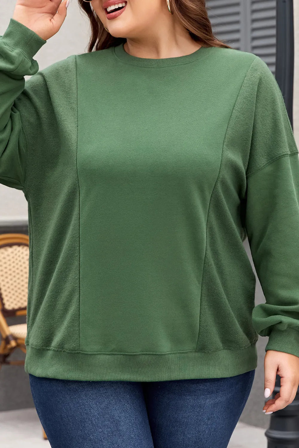 Blackish Green Loose Patchwork Crewneck Plus Size Sweatshirt - Chic Meadow Boutique 