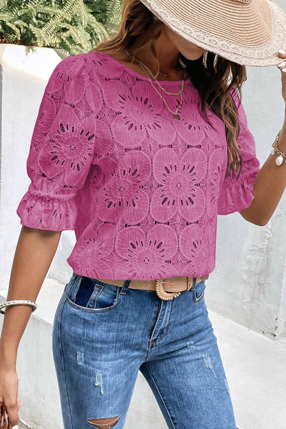 Bright Pink Flower Eyelet Jacquard Keyhole Flounce Sleeve Top - Chic Meadow Boutique 