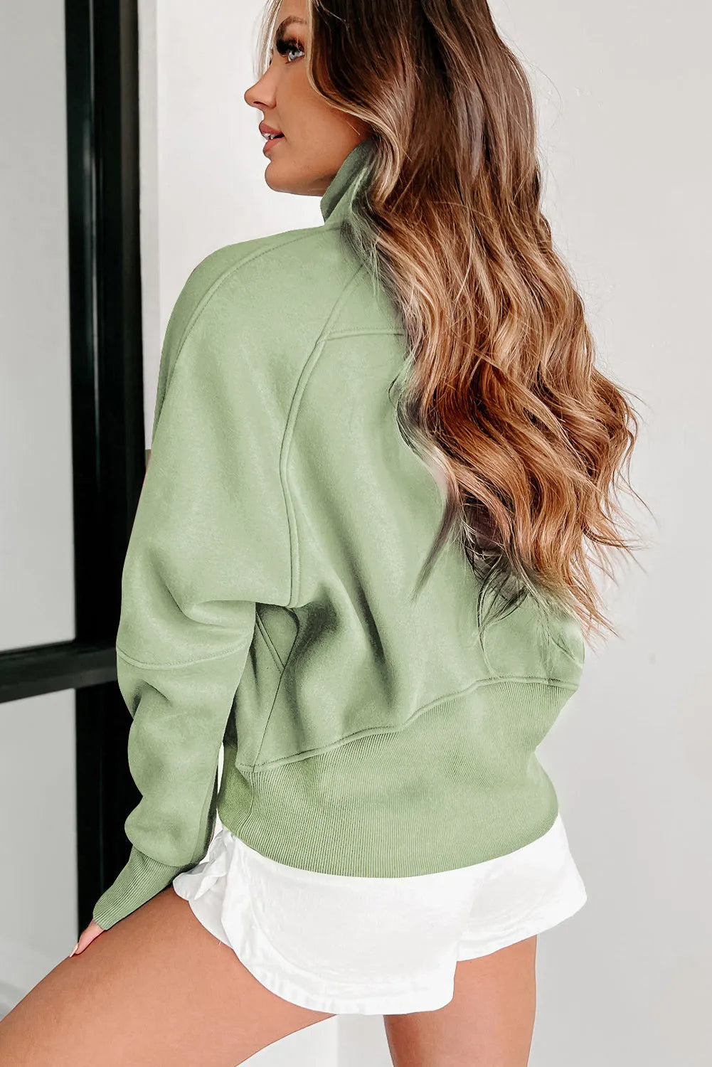 Smoke Green Fleece Lined Zip Up Stand Collar Thumbhole Sleeve Sweatshirt - Chic Meadow Boutique 