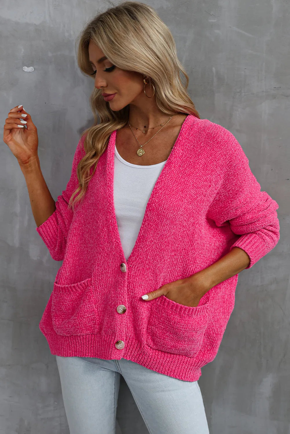 Rose Buttons Front Pocketed Sweater Cardigan - Chic Meadow Boutique 