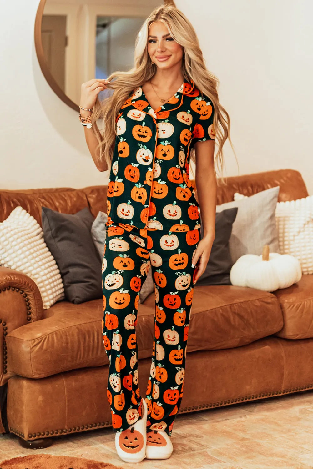 Orange Halloween Pattern Short Sleeve Shirt Pajama Set - Chic Meadow Boutique 