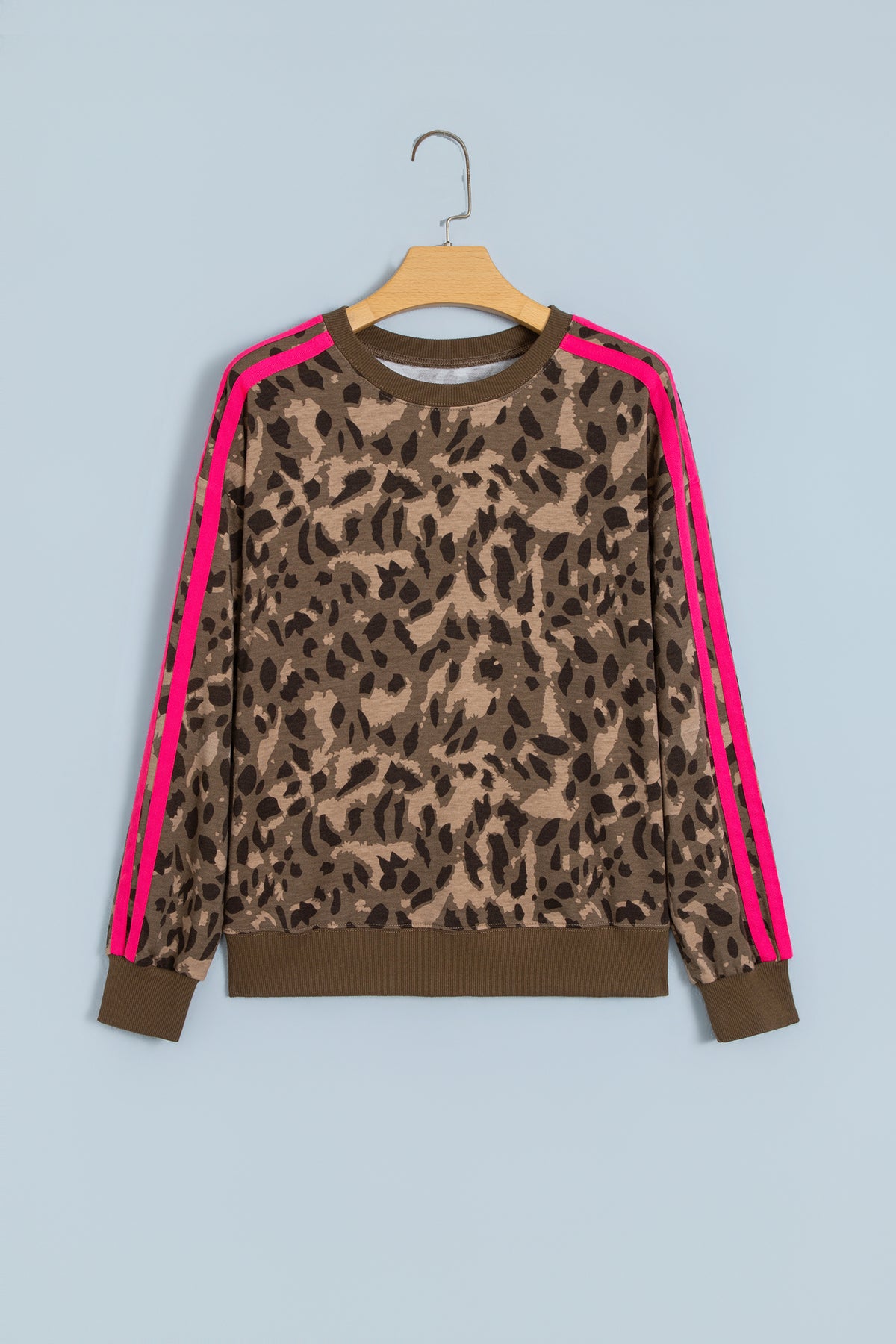 Brown Leopard Print Striped Detail Relaxed Pullover Sweatshirt