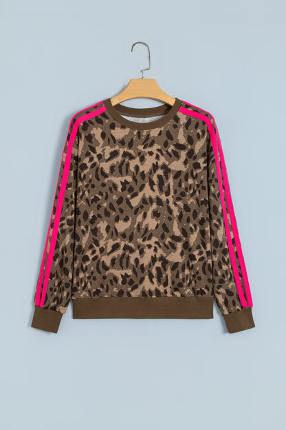 Brown Leopard Print Striped Detail Relaxed Pullover Sweatshirt