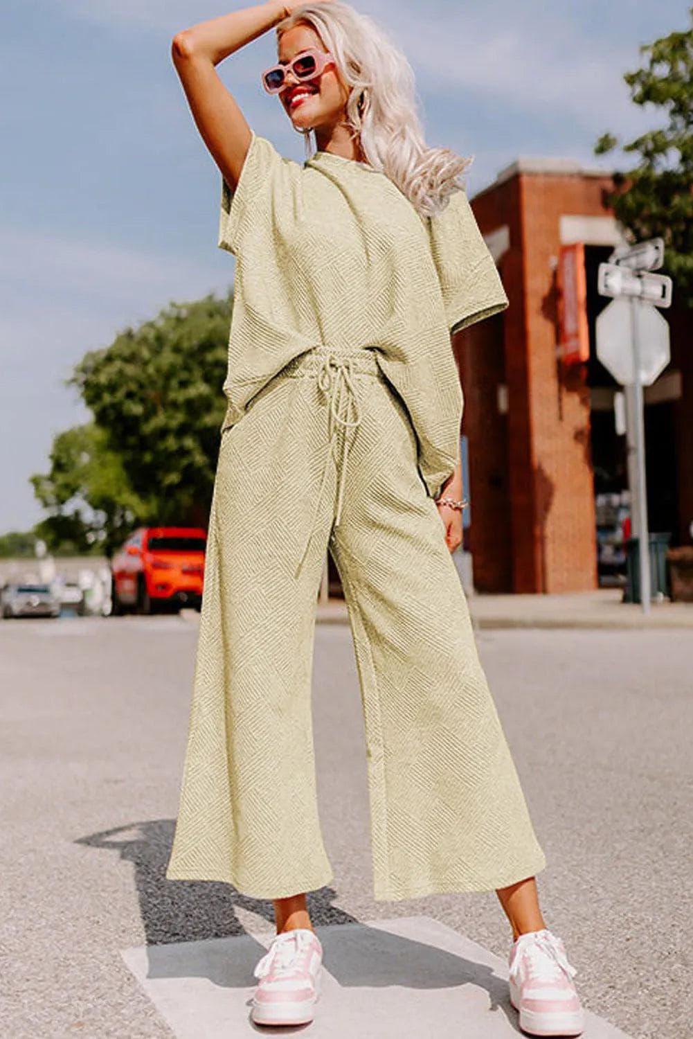 Apricot Textured Loose Fit T Shirt and Drawstring Pants Set - Chic Meadow Boutique 