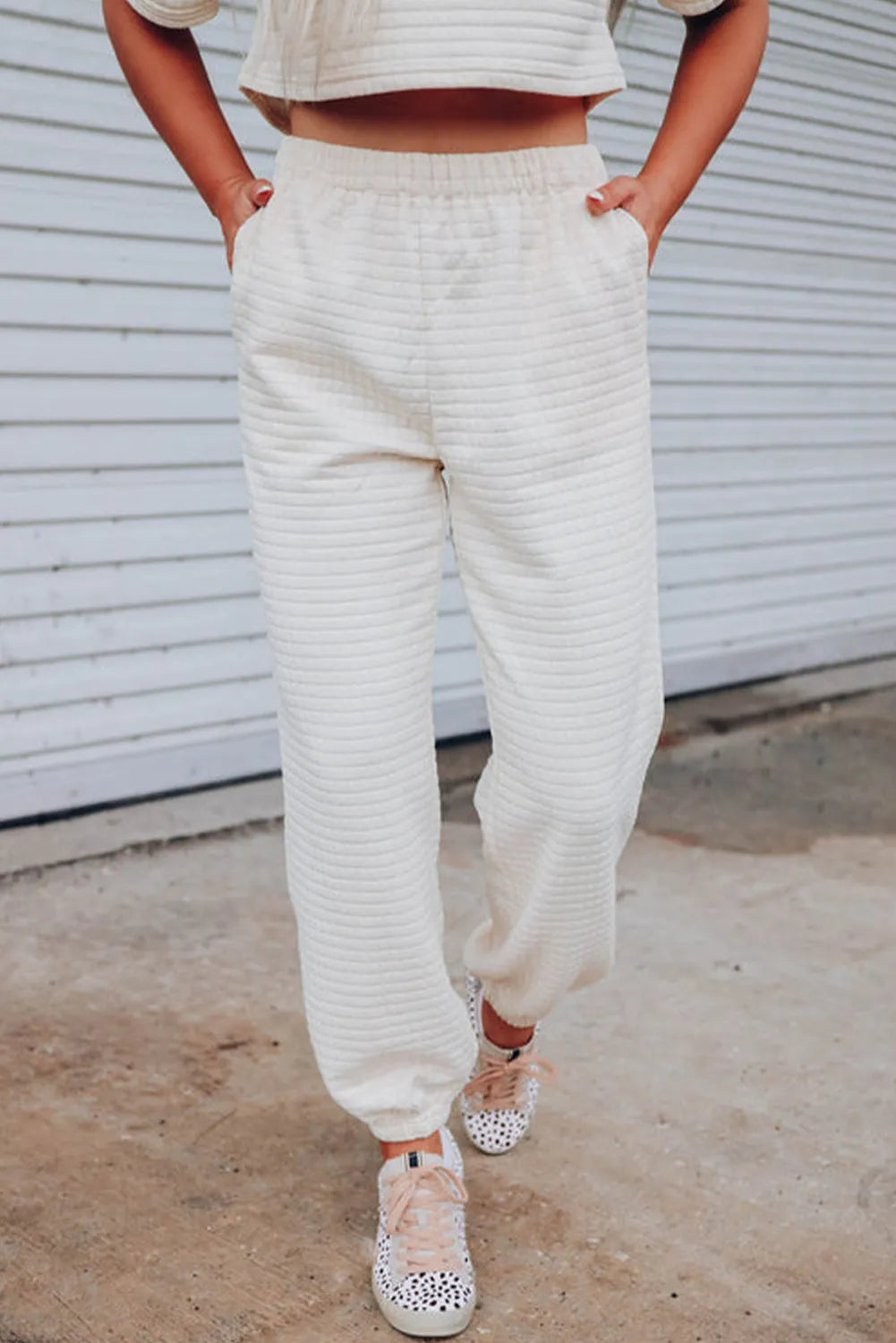 White Lattice Textured Cropped Tee and Jogger Pants Set - Chic Meadow Boutique 