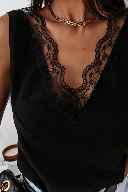 Black Lace Splicing Open Back V Neck Tank Top - Chic Meadow Boutique 