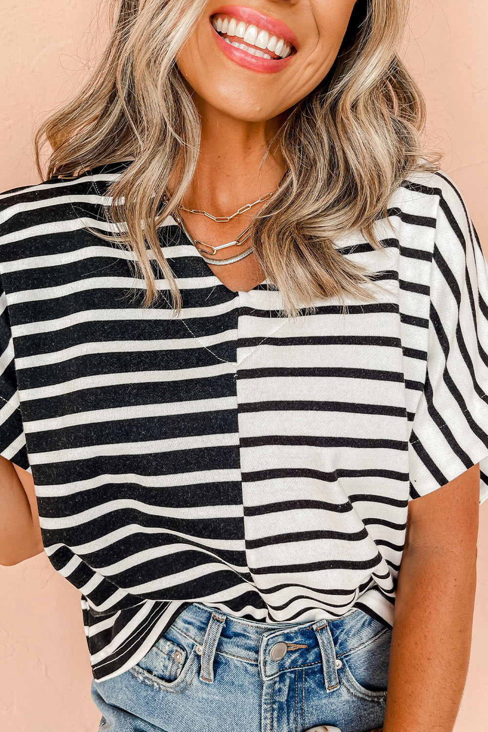 Black Stripe Two Tone Colorblock V Neck T Shirt