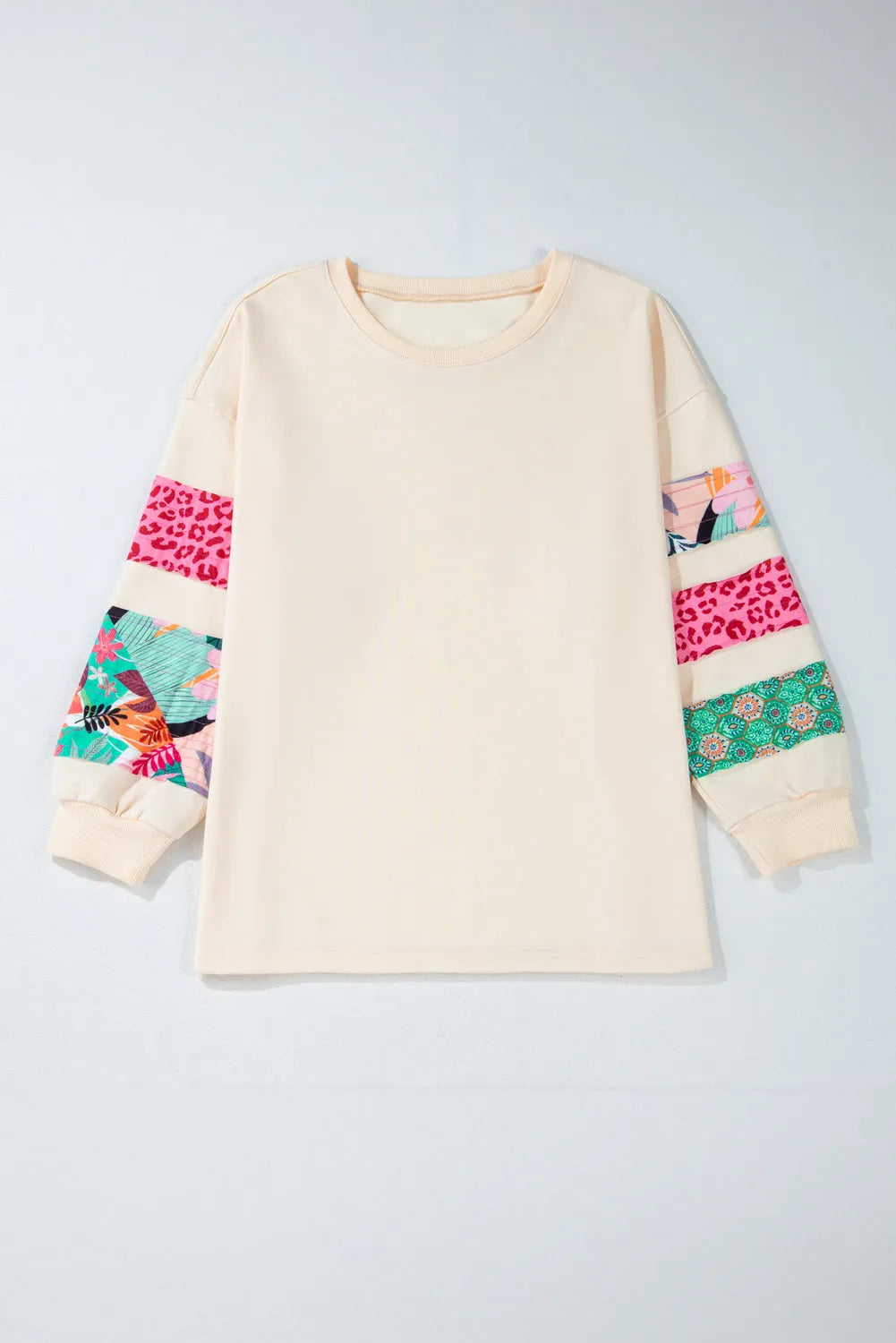 Beige Plus Size Printed Patchwork Sleeve Split Sweatshirt - Chic Meadow Boutique 