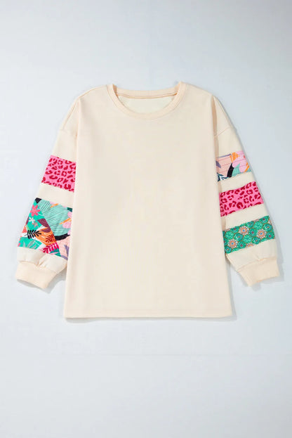 Beige Plus Size Printed Patchwork Sleeve Split Sweatshirt - Chic Meadow Boutique 