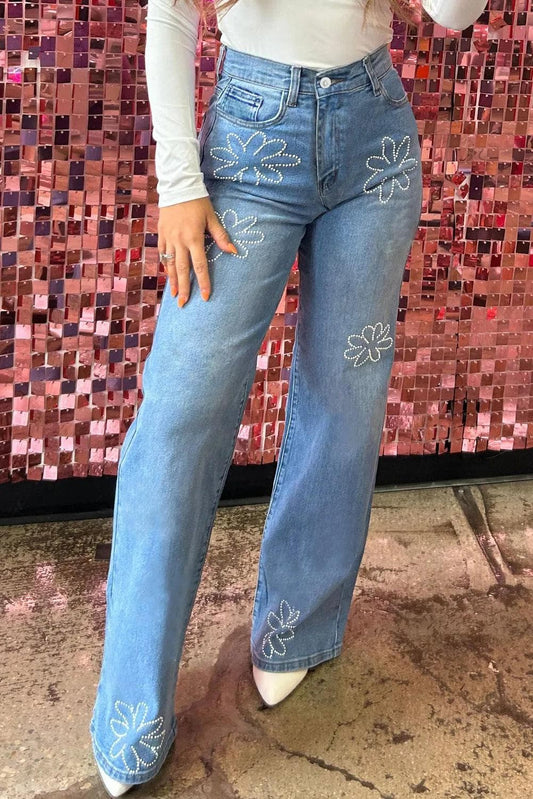 Bottoms/Jeans Light Blue / 6 / 75%Cotton+23%Polyester+2%Elastane Light Blue Floral Rhinestone Decor High Rise Wide Leg Jeans