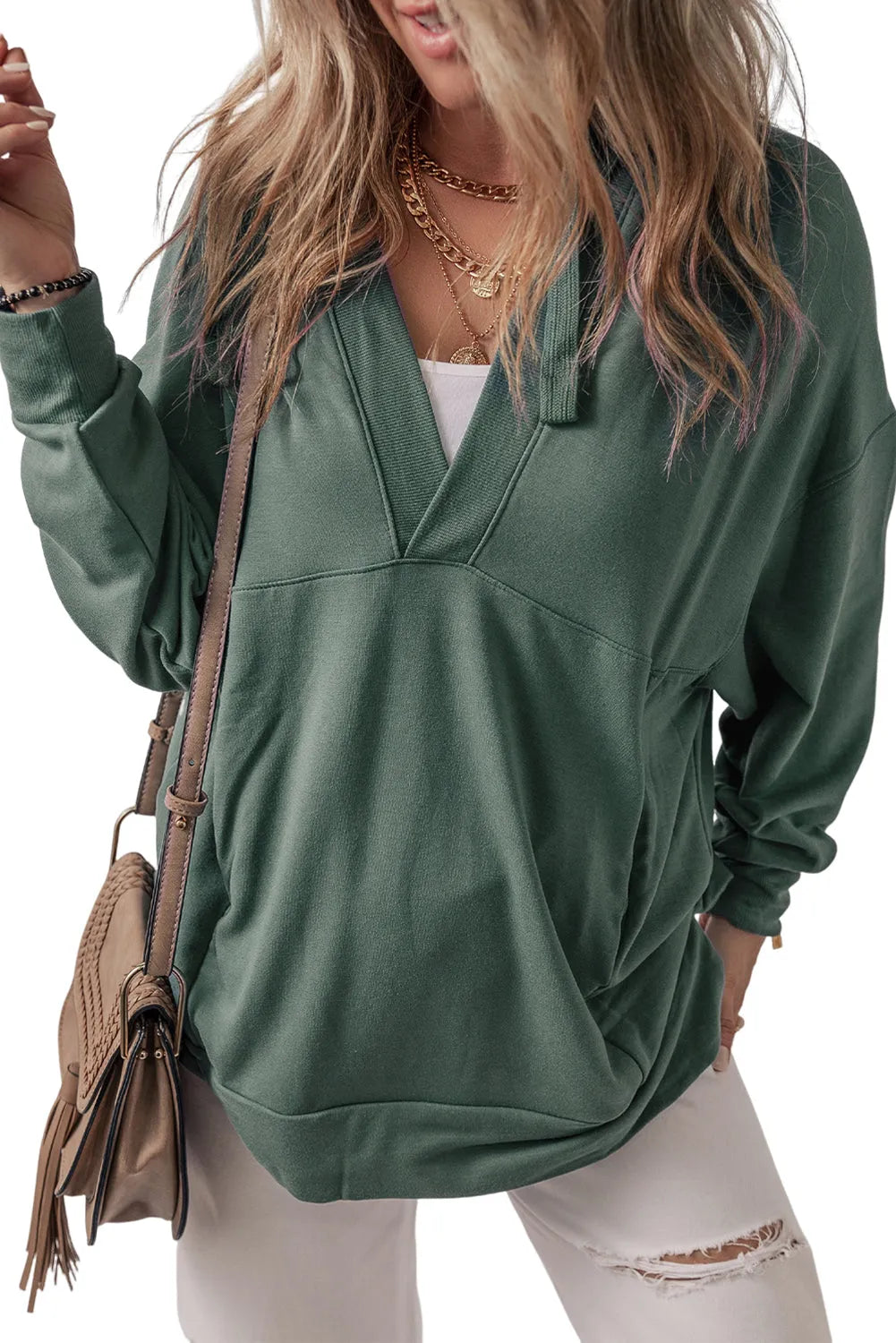 Sea Green Casual V Neck Drawstring Hoodie - Chic Meadow Boutique 