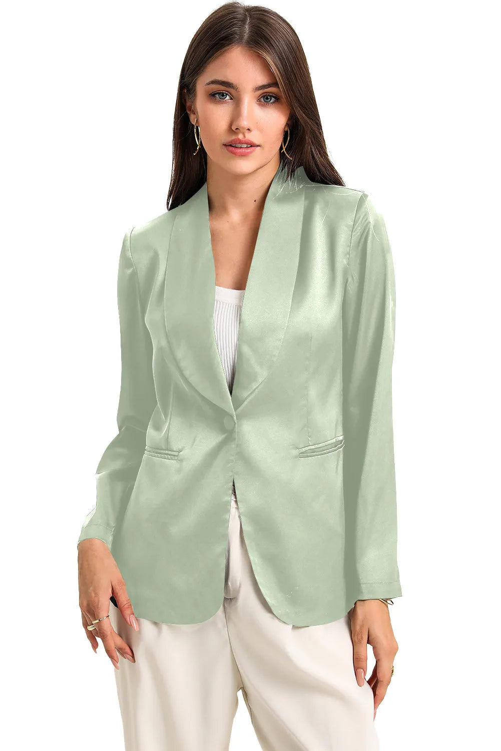 Green Collared Neck Single Breasted Blazer with Pockets - Chic Meadow Boutique 