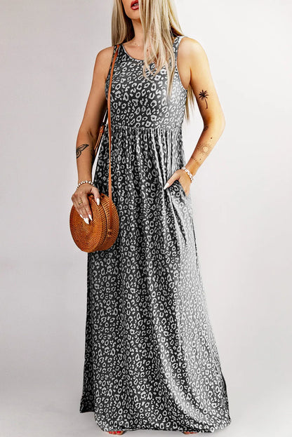 Gray Leopard Print Pocketed Sleeveless Maxi Dress - Chic Meadow Boutique 