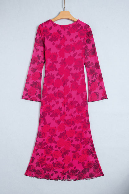 Red Floral Print Cuff Hem Serging Long Sleeve Sheath Dress