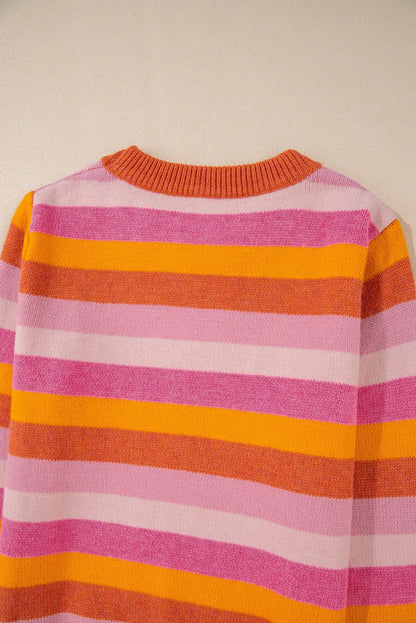 Orange Color Block Ribbed Edge Round Neck Sweater - Chic Meadow Boutique 