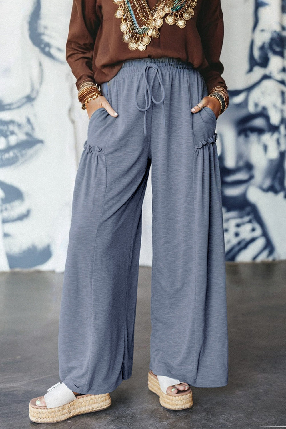 High Frilled Detail Wide Leg High Waist Knit Pants