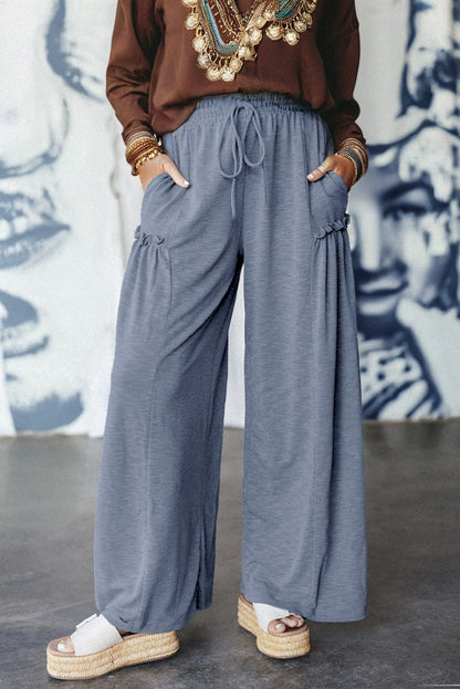 High Frilled Detail Wide Leg High Waist Knit Pants