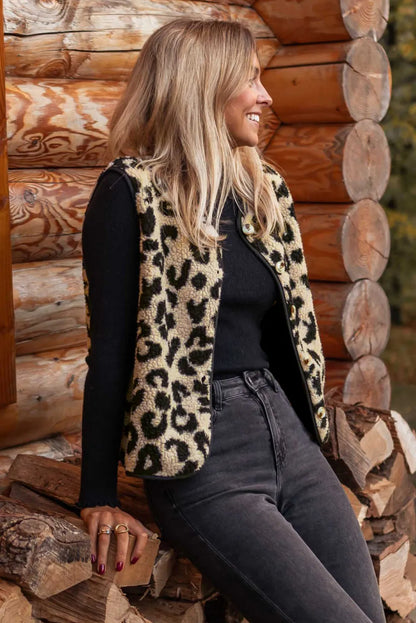 Black Leopard Print Sherpa Vest Coat - Chic Meadow Boutique 