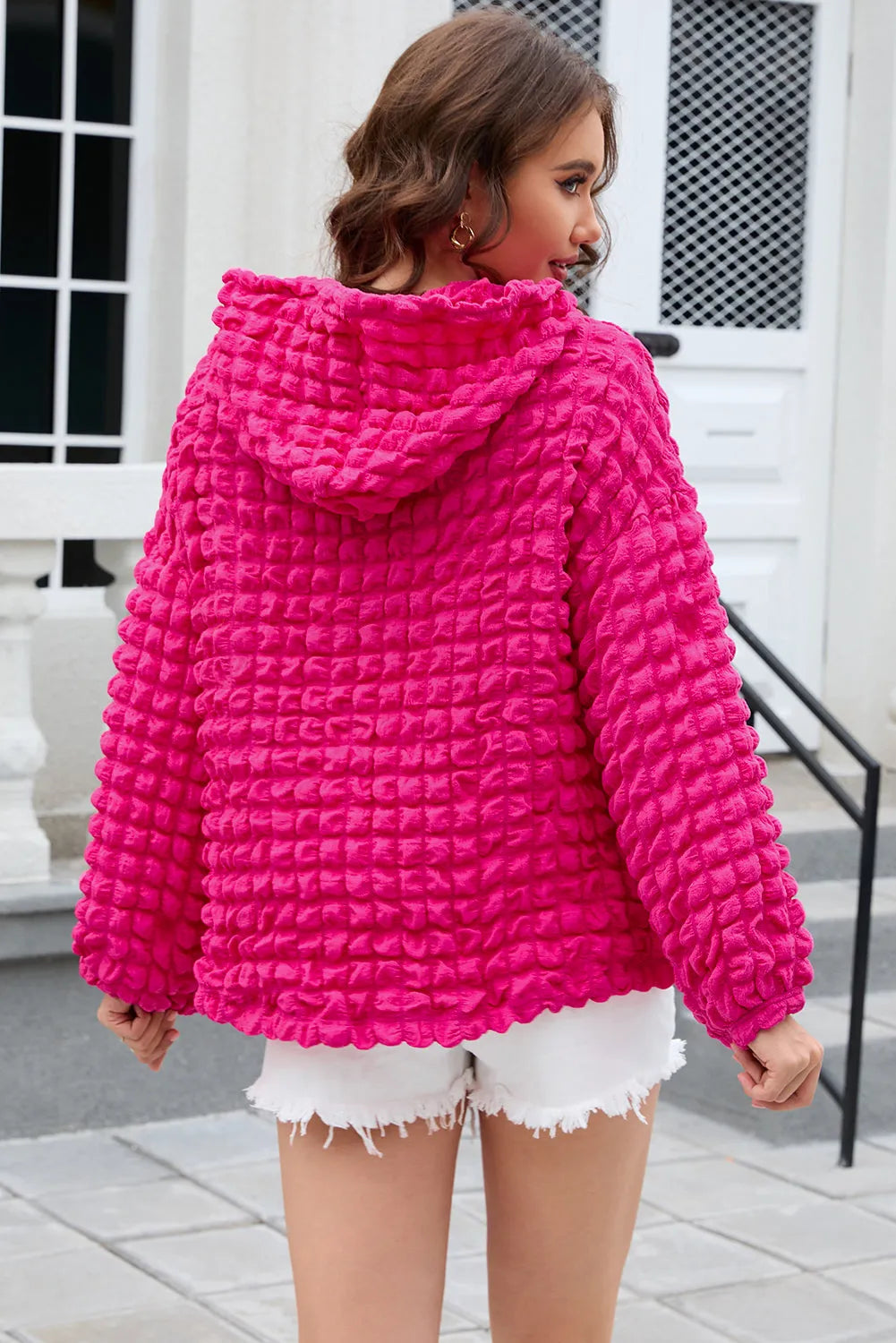 Rose Bubble Textured Waffle Hoodie - Chic Meadow Boutique 