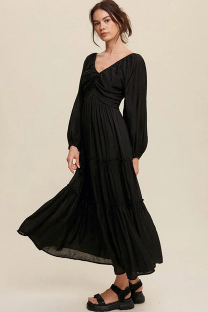 Black V Neck Bowknot Cutout Frill Tiered Maxi Dress - Chic Meadow Boutique 