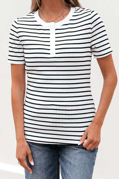 White Stripe Textured Short Sleeve Buttoned Henley Top
