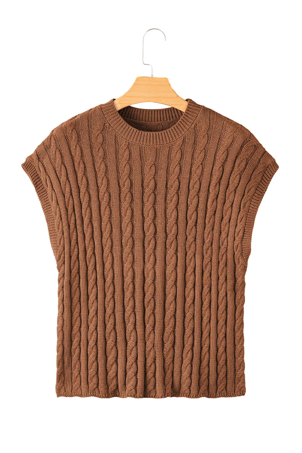 Chestnut Crew Neck Cable Knit Short Sleeve Sweater - Chic Meadow Boutique 