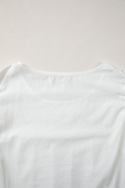 White Lace Detail Flutter Sleeve Pleated Round Neck Blouse