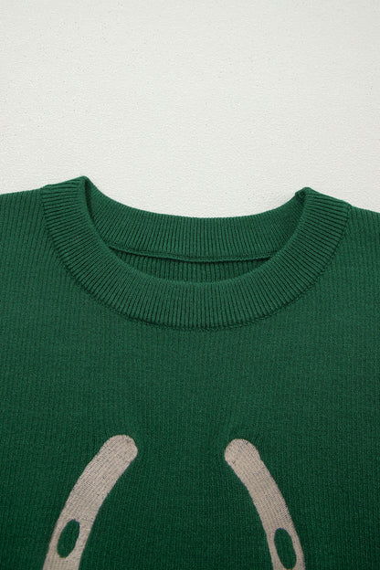 Blackish Green Horseshoe Graphic Western Short Sleeve Sweater
