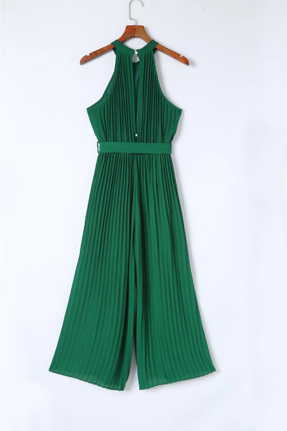 Green Halter Neck Pleated Wide Leg Jumpsuit with Belt - Chic Meadow Boutique 