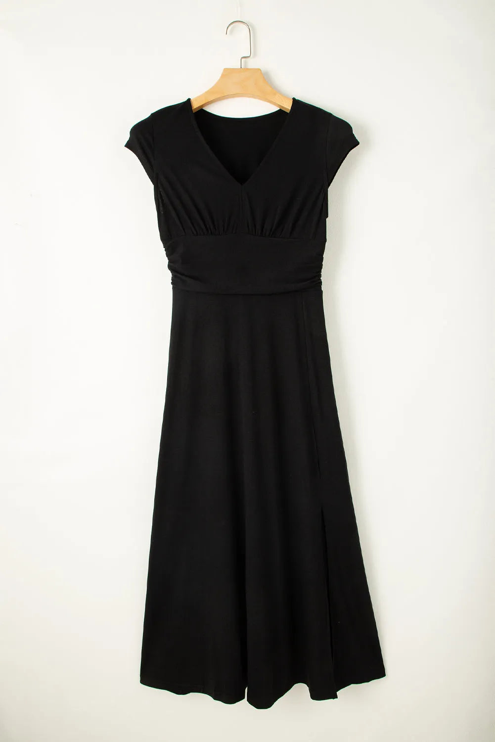 Black Short Sleeve Shirred High Waist V Neck Maxi Dress - Chic Meadow Boutique 