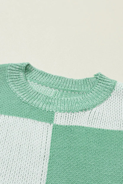 Mint Green Checkered Print Drop Shoulder Sweater - Chic Meadow Boutique 