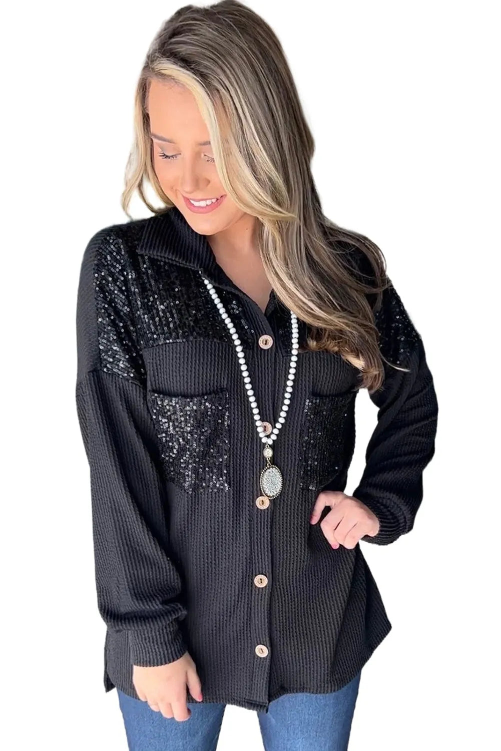 Black Sequin Patch Chest Pocket Corded Shacket - Chic Meadow Boutique 