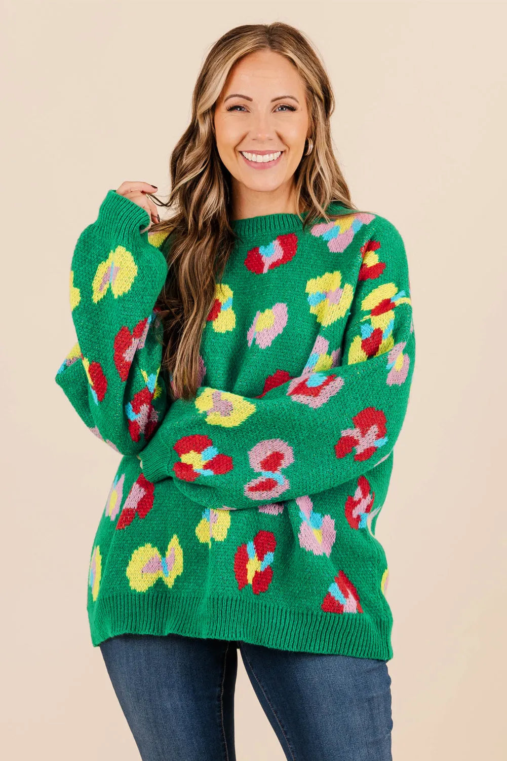 Green Plus Size Floral Knitted Ribbed Edge Drop Shoulder Sweater - Chic Meadow Boutique 