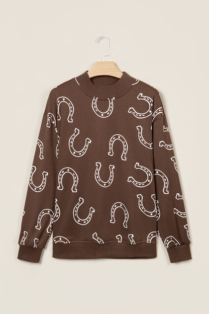 Brown Western Horseshoe Print Mock Neck Casual Pullover Sweatshirt