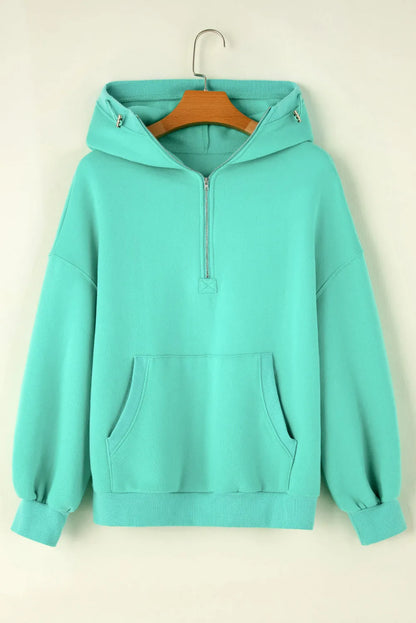 Mint Green Half Zip Kangaroo Pocket Drop Shoulder Hoodie - Chic Meadow Boutique 