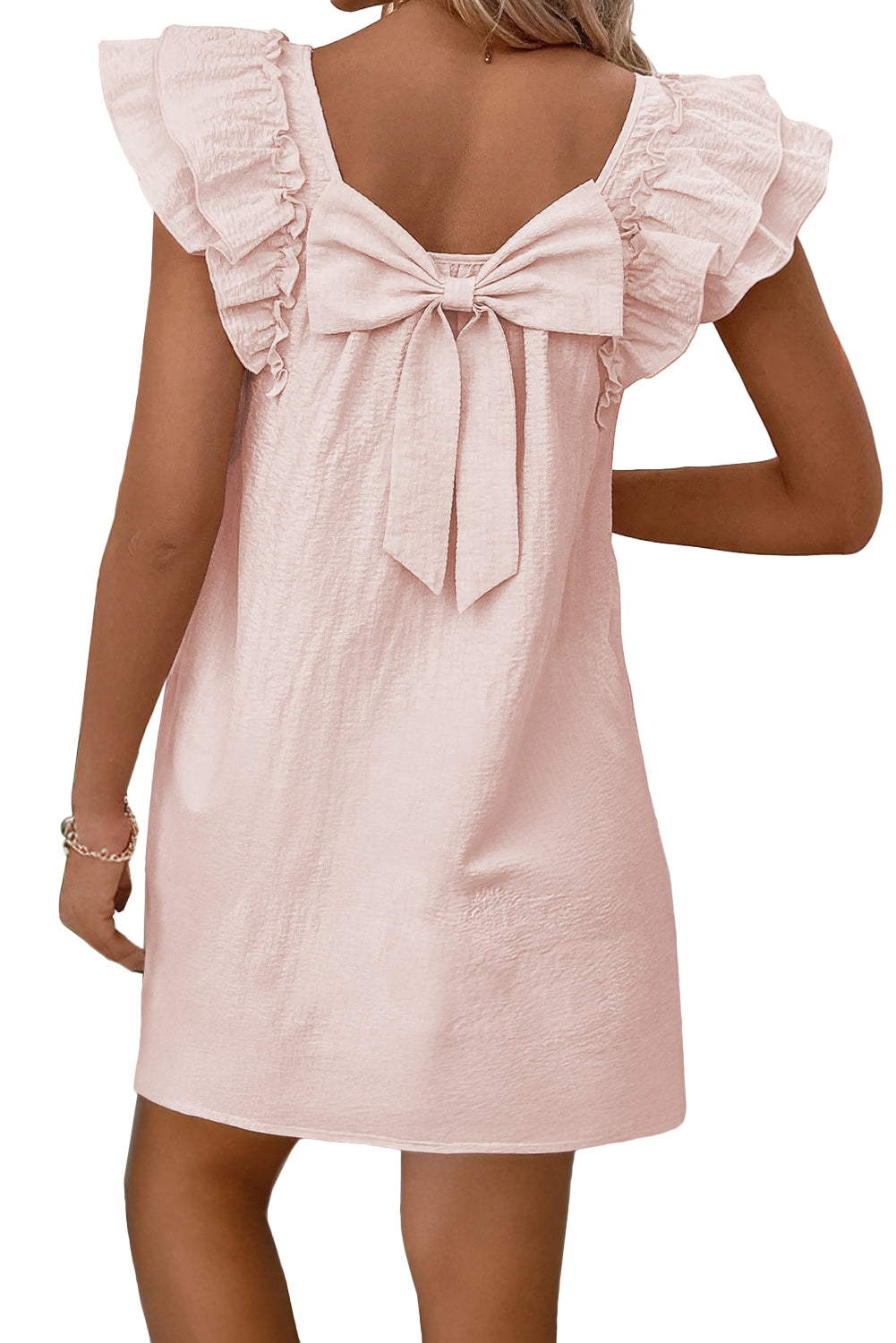 Light Pink Textured Flutter Sleeve Square Neck Bow Back Mini Dress