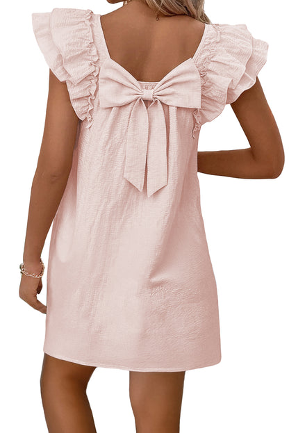 Light Pink Textured Flutter Sleeve Square Neck Bow Back Mini Dress
