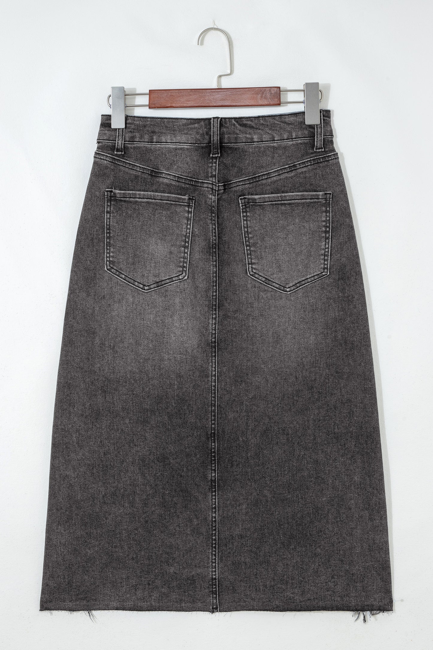 Dark Grey Irregular Distressed Bottom Denim Midi Skirt