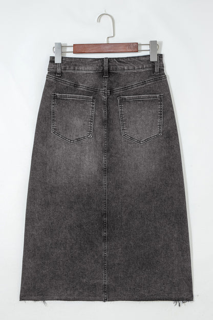 Dark Grey Irregular Distressed Bottom Denim Midi Skirt