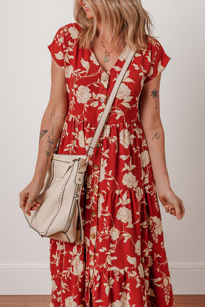 Red Floral Print Buttoned Front V Neck Tiered Short Sleeve Midi Dress