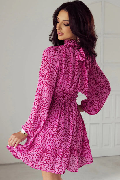 Rose Leopard Puff Sleeve Knotted High Neck Ruffle Dress - Chic Meadow Boutique 