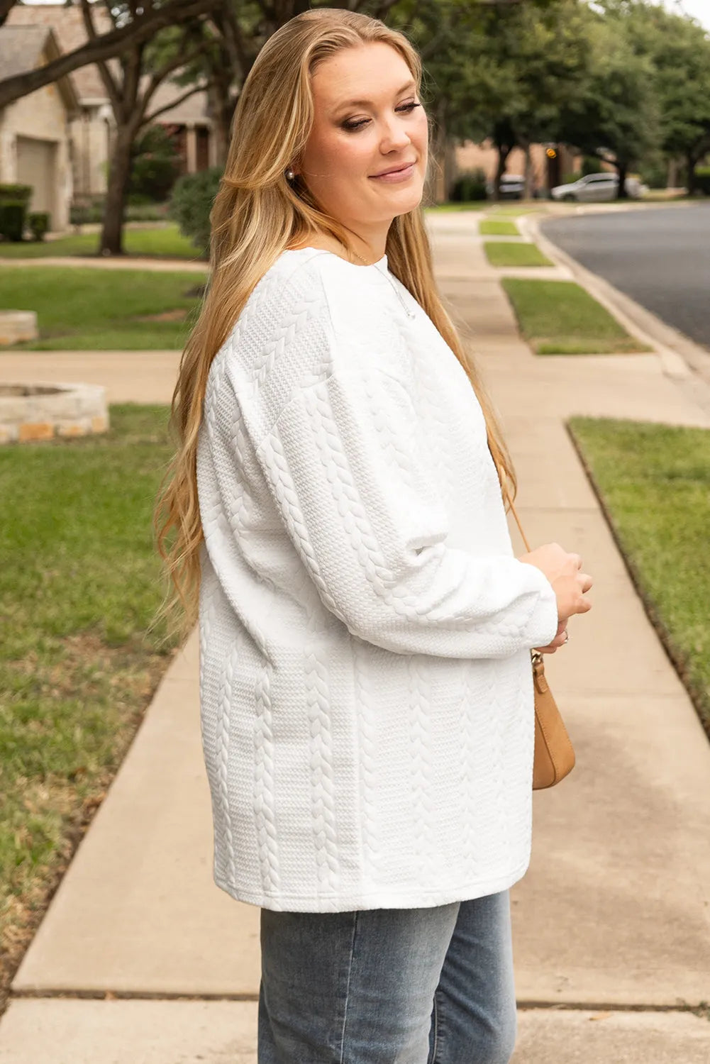 White Cable Textured Loose Plus Size Sweatshirt - Chic Meadow Boutique 