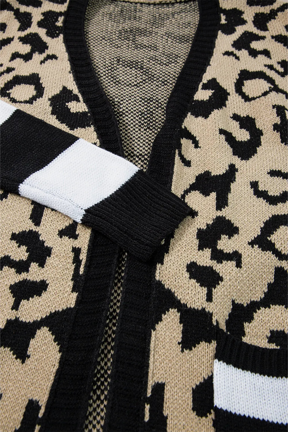 Black Stripe Sleeve Leopard Print Open Front Cardigan With Pockets - Chic Meadow Boutique 