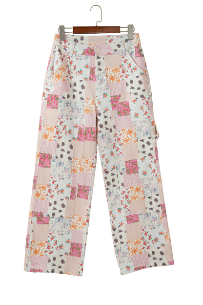 Pink Floral Patchwork Wide Leg Full Length Jeans