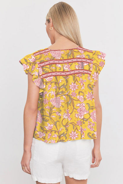 Yellow Floral Notched Neck Ruffled Sleeve Casual Blouse